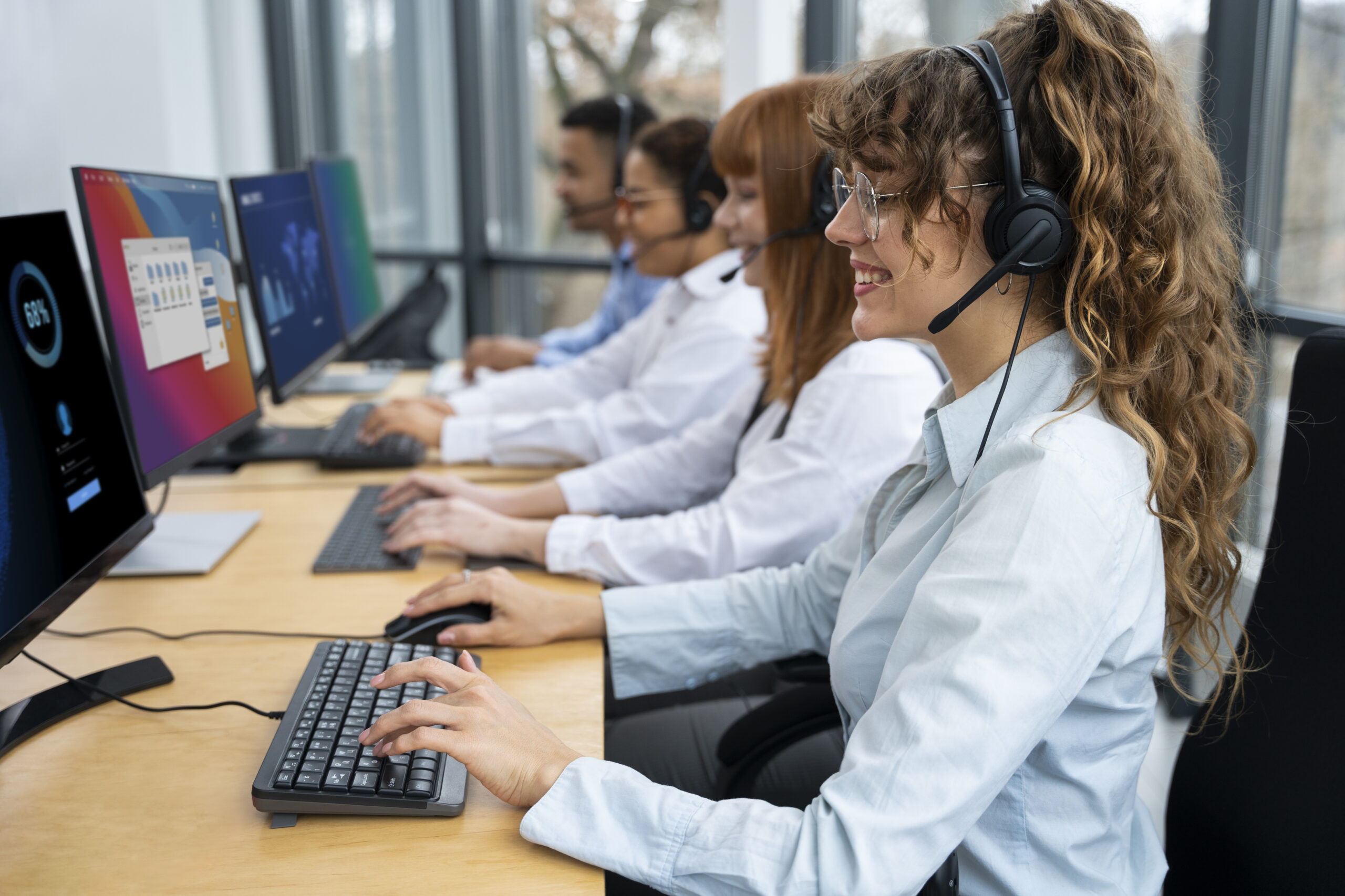 Equipo de call center atendiendo llamadas con diademas y telefonía IP