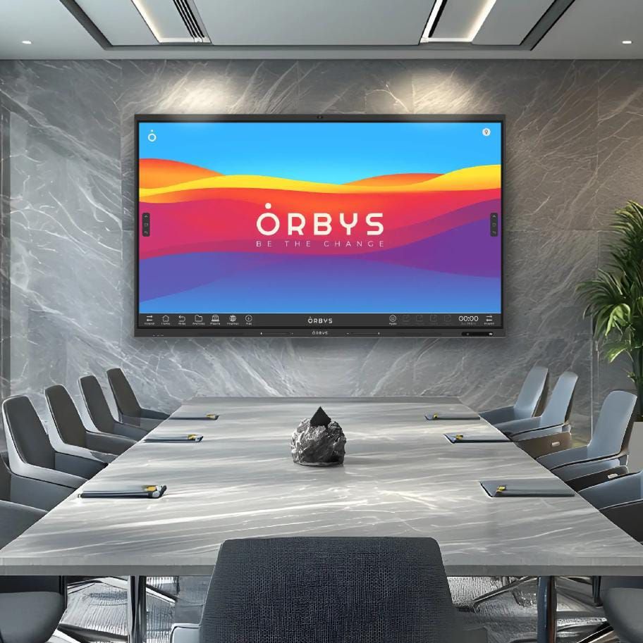 Sala de juntas corporativa con pantalla interactiva y sistema de videoconferencia